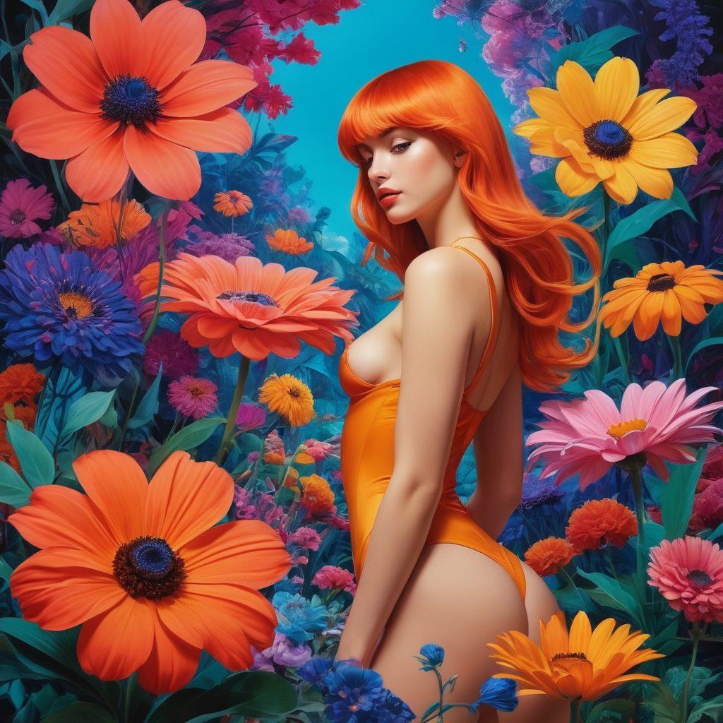 A vibrant collage depicting various animated characters in surreal, fantastical settings that challenge societal norms, showcasing diverse expressions of desire and boundaries in a playful and artistic manner. Incorporate elements of whimsy, such as oversized, colorful flowers and abstract shapes, with a hint of sensuality. Use a mix of rich colors and glowing effects to capture the essence of animated erotica. surrealism. vibrant colors. dynamic composition.